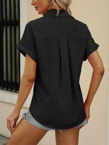 Beautife Womens Short Sleeve Shirts V Neck Collared Button Down Shirt Tops with Pockets Black - Image 5