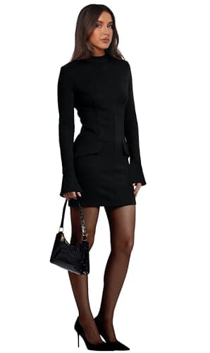 OFEEFAN Women Fall Clothes Long Sleeve Slim Fit Dress Little Black Mock Neck Flare Sleeve Dress L - Image 3