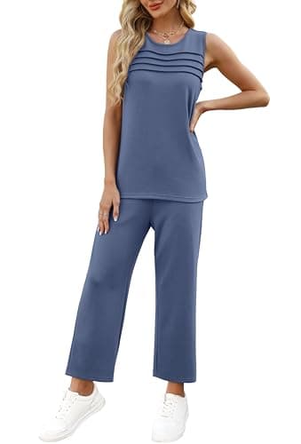 WIHOLL Summer Outfits for Women Two Piece Set Casual Wide Leg Pants Vacation Lounge Sets Travel Airport Outfits Trending Matching Sets Women Clothes Blue XL - Image 3