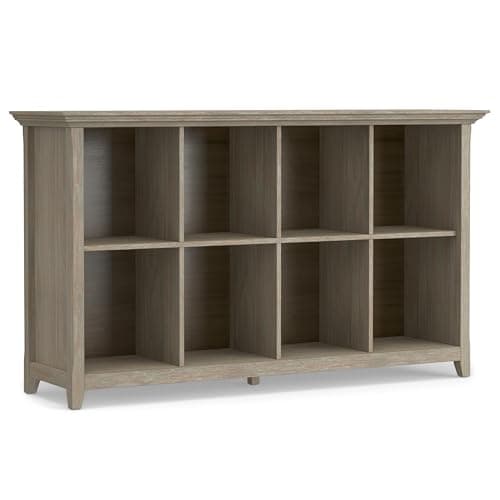 SIMPLIHOME Amherst Console Table - 57 Inch Wide Solid Wood 8-Cube Storage Sofa Table in Distressed Grey, Transitional Cube Bookcase for Entryway or Living Room with Molded Top and Tapered Legs - Image 1