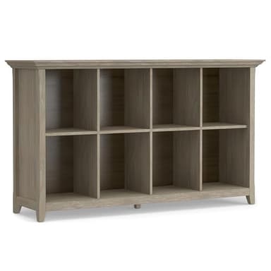 SIMPLIHOME Amherst Console Table - 57 Inch Wide Solid Wood 8-Cube Storage Sofa Table in Distressed Grey, Transitional Cube Bookcase for Entryway or Living Room with Molded Top and Tapered Legs - Image 1