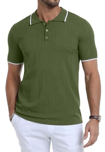 KUYIGO Men's Knit Hollow Out Polo Shirts Short Sleeve Button Collared Shirt Fashion Casual Summer Tops Army Green Small - Image 1