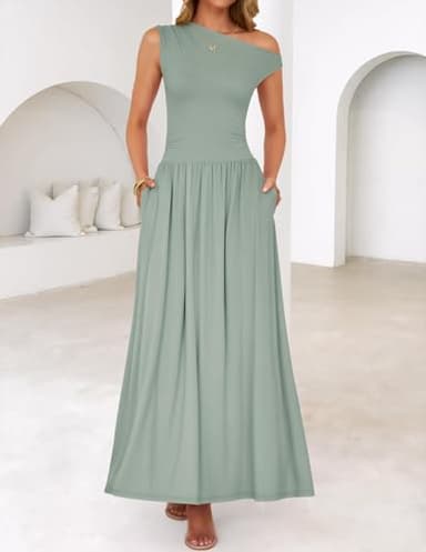 ZESICA Women's Summer 2025 Sleeveless Maxi Dress One Shoulder Casual Slim Swing Pleated Formal Dresses with Pockets,BeanGreen,Medium - Image 2
