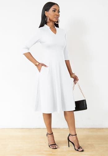 Nmoder Casual Dresses for Women Semi Formal Fit and Flare 3/4 Sleeve A-line Church Work Dress with Pockets White 2XL - Image 2