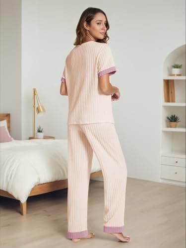 POKWAI 2024 Womens Pajama Sets Short Sleeve Top with Pants Soft Pj Women Pajamas Summer Pajamas for Women(Apricot,Large) - Image 4