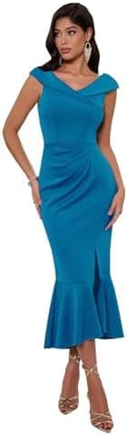 Angel-fashions Women's V Neck Cocktail Dress Ruched Formal Dresses Slit and Ruffle Hem Wedding Guest Dress Party Midi Dress - Image 3