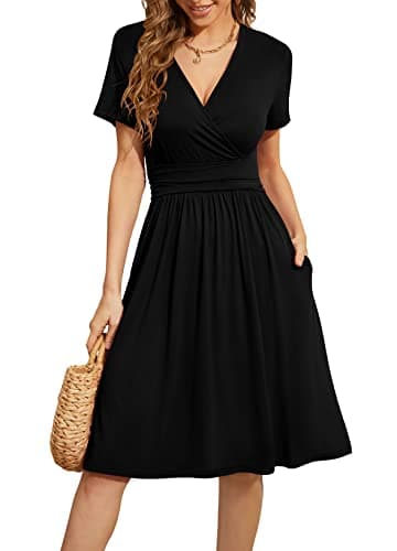 WEACZZY Summer Dress for Women Casual Short Sleeve Black Dresses Wrap V-Neck Party Dress with Pockets,Black,XL - Image 1