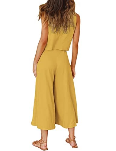 ROYLAMP Women's Summer 2 Piece Outfits Round Neck Crop Basic Top Cropped Wide Leg Pants Set Jumpsuits Ginger Yellow XS - Image 4