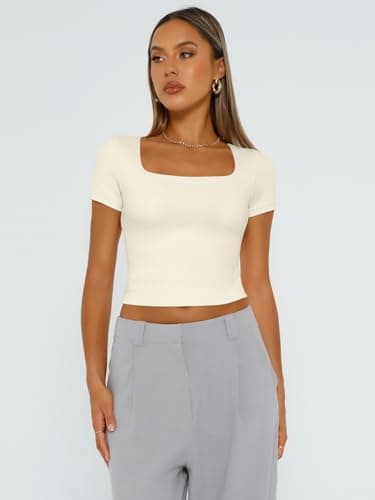 Trendy Queen Tshirts Shirts for Women Double Lined Going Out Crop Tops 2025 Spring Summer Workout Y2k Clothes Beach Fashion LightApricot M - Image 2