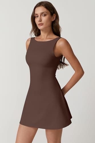 QINSEN Boat Neck Workout Dress for Women Open Back Sleeveless Tennis Dress Built in Shorts Chestnut XL - Image 3