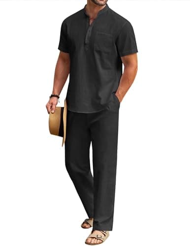 COOFANDY Men's Cotton Linen Sets 2 Piece Casual Navy Blue Henley Shirt Short Sleeve Beach pants with Pockets Outfits - Image 1