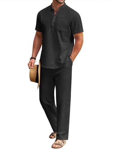 COOFANDY Men's Cotton Linen Sets 2 Piece Casual Navy Blue Henley Shirt Short Sleeve Beach pants with Pockets Outfits - Image 1