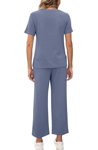 XIEERDUO Two Piece Travel Outfits for Women 2 Pc Lounge Set Casual Summer Tracksuit Wide Leg Loungewear Short Sleeve Track Suit Women's Jumpsuit Fashion Spring Vacation Clothes Blue XL - Image 5