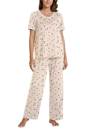 POKWAI 2024 Womens Pajama Sets Short Sleeve Top with Pants Soft Pj Women Pajamas Summer Pajamas for Women(Black Star Beige,Large) - Image 1