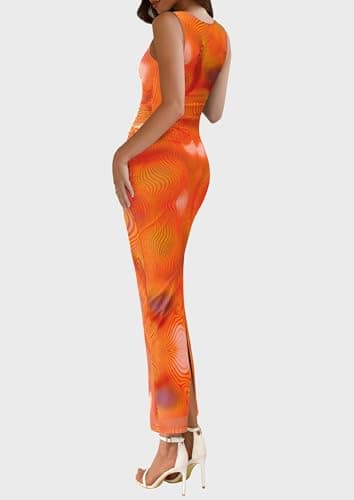 PRETTYGARDEN Wedding Guest Dresses for Women 2025 Summer Spring Floral Bodycon Sleeveless Mesh Maxi Long Dress(Print Orange,Medium) - Image 2