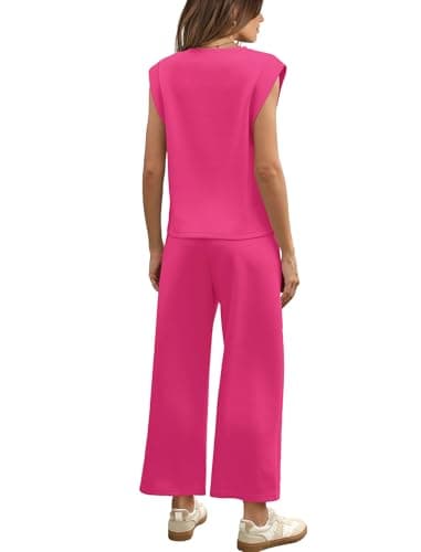 Sampeel Summer Outfits for Women 2025 Vacation Two Piece Outfits Travel Airport Clothes Vacation Outfits Wide Leg Crop Pants Sets Hot Pink M - Image 5