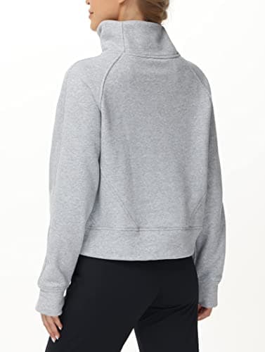 THE GYM PEOPLE Women's Half Zip Pullover Sweatshirt Fleece Stand Collar Crop Sweatshirt with Pockets Thumb Hole Grey - Image 4
