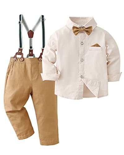 DISAUR Toddler Boy Dress Clothes Apricot Brown Long Sleeve Dress Shirt Bow Tie Suspender Pants Toddler Outfits For Boys 18 Months 2t 24 Months - Image 1