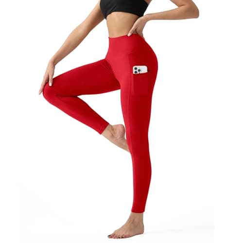 High Waisted Leggings for Women with Pockets - Tummy Control Yoga Pants for Workout Running Athletic No See Through Dark Red - Image 1