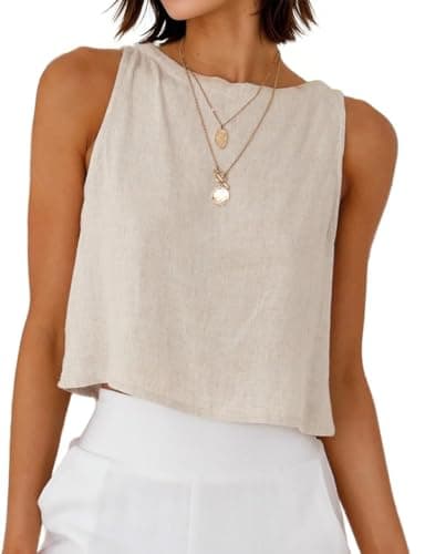 Linen Tops for Women 2025 Spring Summer Outfits Sleeveless Crop Casual Loose Cute Cotton Linen Tops, Beige,M - Image 1