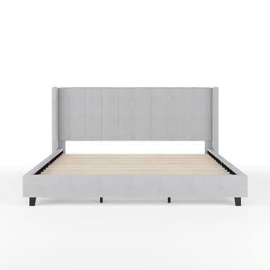 Martha Stewart Kay Low Profile Platform Bed with Wingback Headboard, Channel Stitched Faux Linen Upholstery, No Box Spring Needed, King, Gray - Image 9