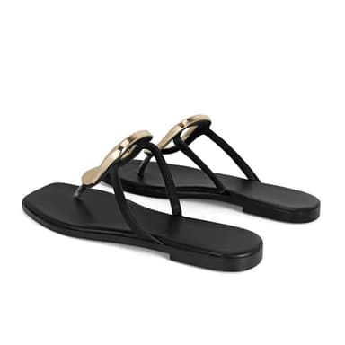 Wnshonzy Flip-Flops for Women Thong Sandals Flat Black Slip on Slides Leather Beach Comfort Open Square Toe Ladies Slipper Dressy Metal Hardware Decoration Summer Shoes Casual Fashion - Image 6