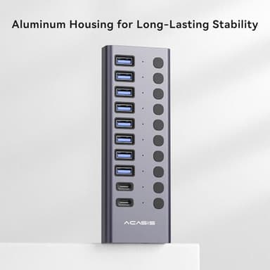 ACASIS 10 Ports 60W USB C 3.2 Hub, 10Gpbs Data Transfer, 20V/3A Power Adapter, Individual On/Off Switches, Aluminum Housing, USB Splitter for PC, Computer, Laptop, Mobile HDD, Flash Drive - Image 5