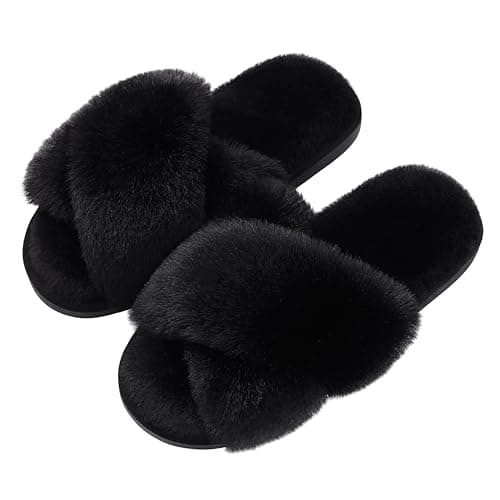 Evshine Women's Fuzzy Slippers Cross Band Memory Foam House Slippers Open Toe, Black, 42-43 (Size 10-11) - Image 1