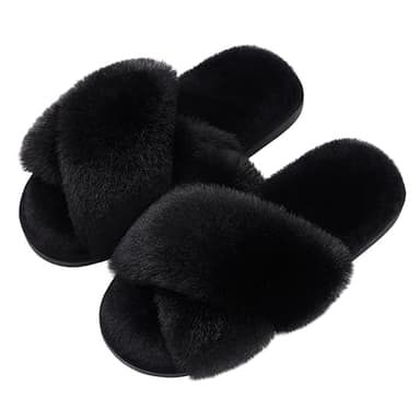 Evshine Women's Fuzzy Slippers Cross Band Memory Foam House Slippers Open Toe, Black, 42-43 (Size 10-11) - Image 1