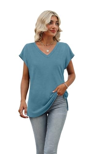 Womens Cap Sleeve Summer Tops Trendy Tank Tops V Neck Loose Fit Shirts Blue Green M - Image 2