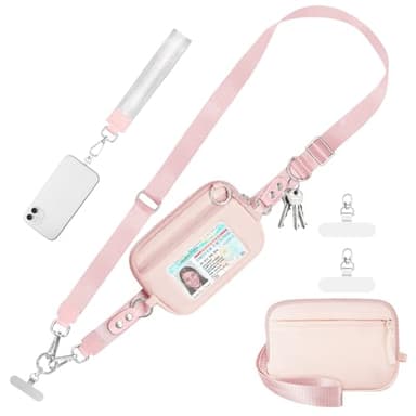 Tiostep Clip and Go Strap for Phone with Wallet Crossbody Phone Lanyard Adjustable and Detachable RFID Wristlet Wallet with ID Window and Zipper, Pink - Image 1