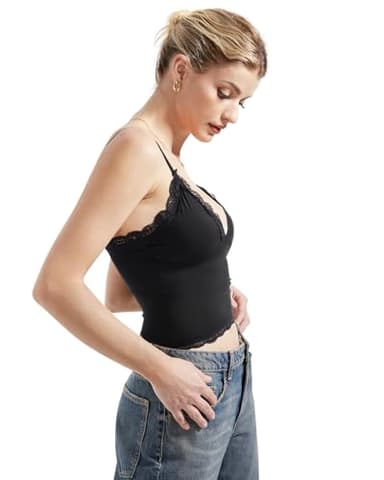 SUUKSESS Women Lace Trim Deep V Neck Tank Top Cami Sexy Sleeveless Y2K Going Out Tops (Black Lace,XS) - Image 4
