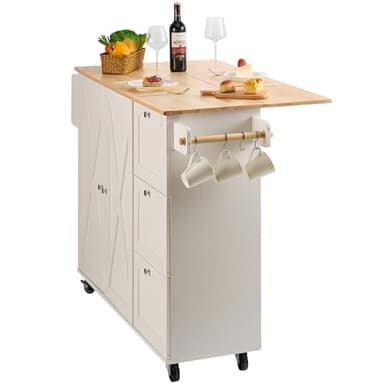 VEVOR Kitchen Island Cart, 45.3x39 inch Rolling Kitchen Table, Mobile Carts with Storage Cabinet and Solid Wood Top, Portable Islands with Wheels, Spice Rack, Towel Rack, Drop Leaf and Drawer, White - Image 10