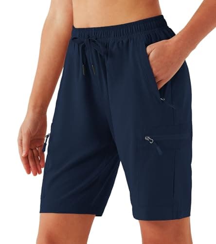 FIRST WAY Women's Hiking Cargo Shorts Quick Dry Lightweight 9'' Bermuda Shorts with Zipper Pockets for Golf Active Navy Blue - Image 1