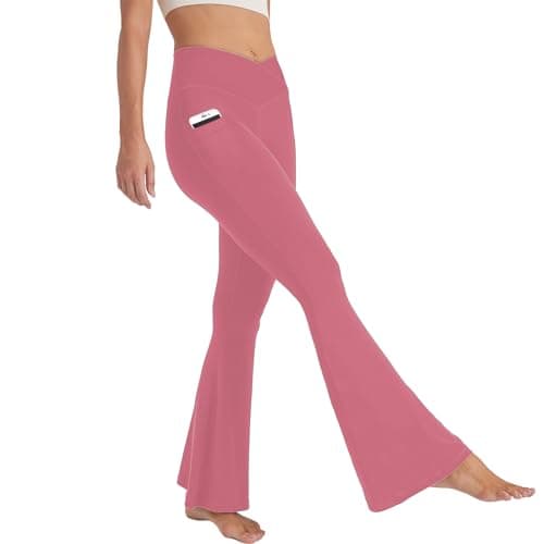 Cicendy Women Flare Leggings with Side Pockets,Crossover Yoga Pants Bootleg High Waisted Stretchy Control Gym Workout Pants (US, Alpha, X-Small, Regular, Regular, Pink) - Image 1