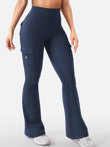 YEOREO CoreFlex Women Workout Flare Leggings with Pockets Hidden Scrunch High Waisted Cargo Gym Yoga Leggings Blue Navy M - Image 9
