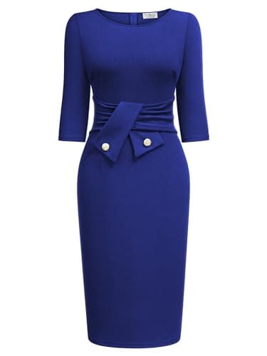 AISIZE Women's 1940s Retro 3/4 Sleeve Tie Waist Business Work Pencil Dress Royal Blue - Image 3
