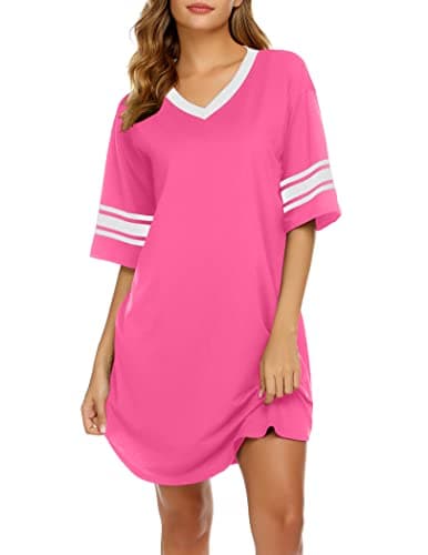 Ekouaer Womens Nightgown Cotton Sleepwear Short Sleeve Sleep Shirt V Neck Color Block Nightshirt M Hot Pink - Image 1