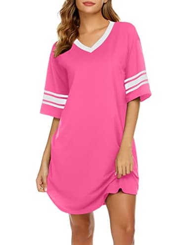Ekouaer Womens Nightgown Cotton Sleepwear Short Sleeve Sleep Shirt V Neck Color Block Nightshirt M Hot Pink - Image 1