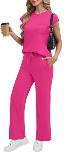 RUBZOOF Summer Outfits for Women 2025 Cap Sleeve Loungewear Crew Neck Two Piece Going Out Sets Travel Airport Outfits Beach Vacation Clothes Resort Wear for Women Hot Pink 2XL - Image 1