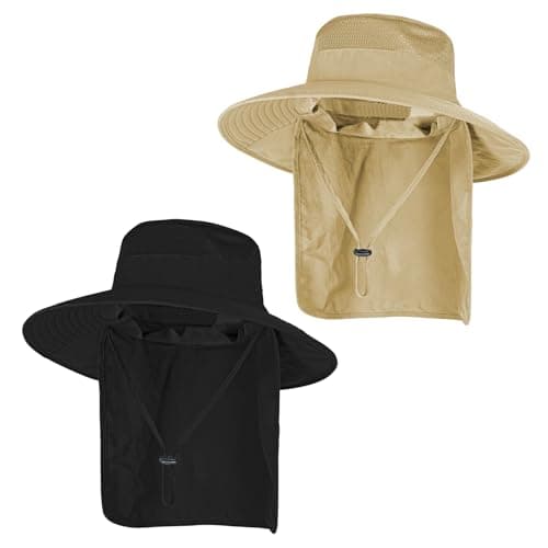 2Pack Sun Hats for Men Women Fishing Hat UPF 50+ Breathable Wide Brim Bucket Hats Summer UV Protection Safari Hat with Neck Flap Black/Khaki - Image 1