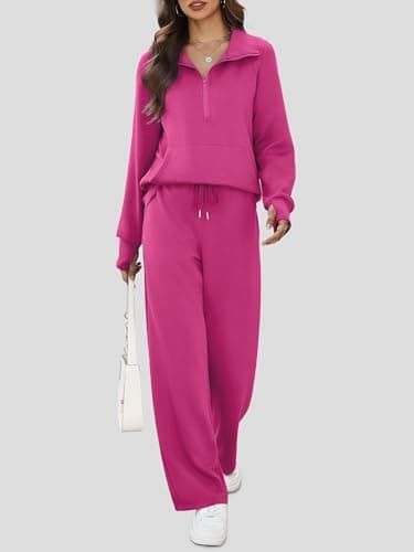 Casly Lamiit Fall Two Piece Sets for Women Airport Attire Wide Leg Sweatpants Lounge Elegant Matching Cute Travel Outfits for Long Flights Rose Red L - Image 2