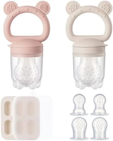 2 Pack Silicone Baby Fruit Feeder with Mini Freezer Tray, Breastmilk Popsicle Molds for Baby Teething Relief, Fresh Food Feeder for Safe Infant Self Feeding, Extra Food Pouches - Pink - Image 3
