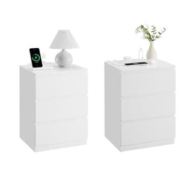 VASAGLE Nightstands with Charging Station, Set of 2, AC Outlets and USB Ports, Bedside Tables, Side Tables with 3 Drawers, Modern Style, 13.8 x 15.7 x 23.2 Inches, Cloud White ULET731W16 - Image 1