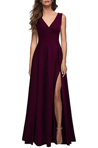 MUSHARE Women's V Neck Sleeveless Split Formal Dress Cocktail Party Prom Long Dresses Burgundy - Image 1