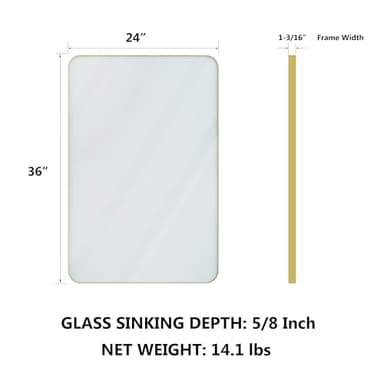 VocalStar Gold Bathroom Mirror for Wall, 24 x 36 Inch Metal Framed Rounded Rectangle Vanity Mirror Modern Farmhouse, 1/4-inch Shatterproof Glass | Ultra-Flush Hanging - Image 2