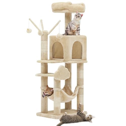 YITAHOME 44in Multi-Level Cat Tree for Indoor Kittens, Cat Furniture with Scratch Posts, Window Padded Plush Perch, Comfortable Hammock, and Interactive Pompoms, Beige - Image 1