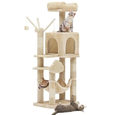 YITAHOME 44in Multi-Level Cat Tree for Indoor Kittens, Cat Furniture with Scratch Posts, Window Padded Plush Perch, Comfortable Hammock, and Interactive Pompoms, Beige - Image 1