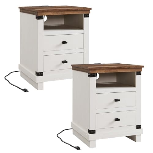 Farmhouse Nightstand Set of 2 with Charging Station, 18" Rustic Night Stand with 2 Storage Drawers, Wood End Table for Bedroom, Living Room, Antique White - Image 1