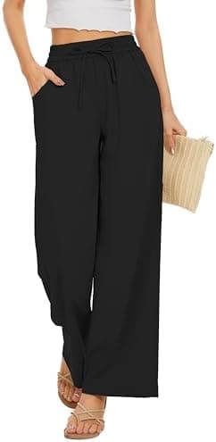 Women Flowy Pants Drawstring Waist Wide Leg Palazzo Beach Pants Loose Fit with Pockets - Image 3